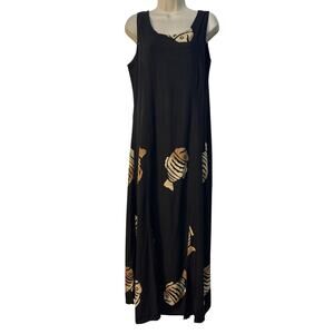 Coastal Cotton Black Sleeveless‎ Fish Print Maxi Dress with Slits Size Small